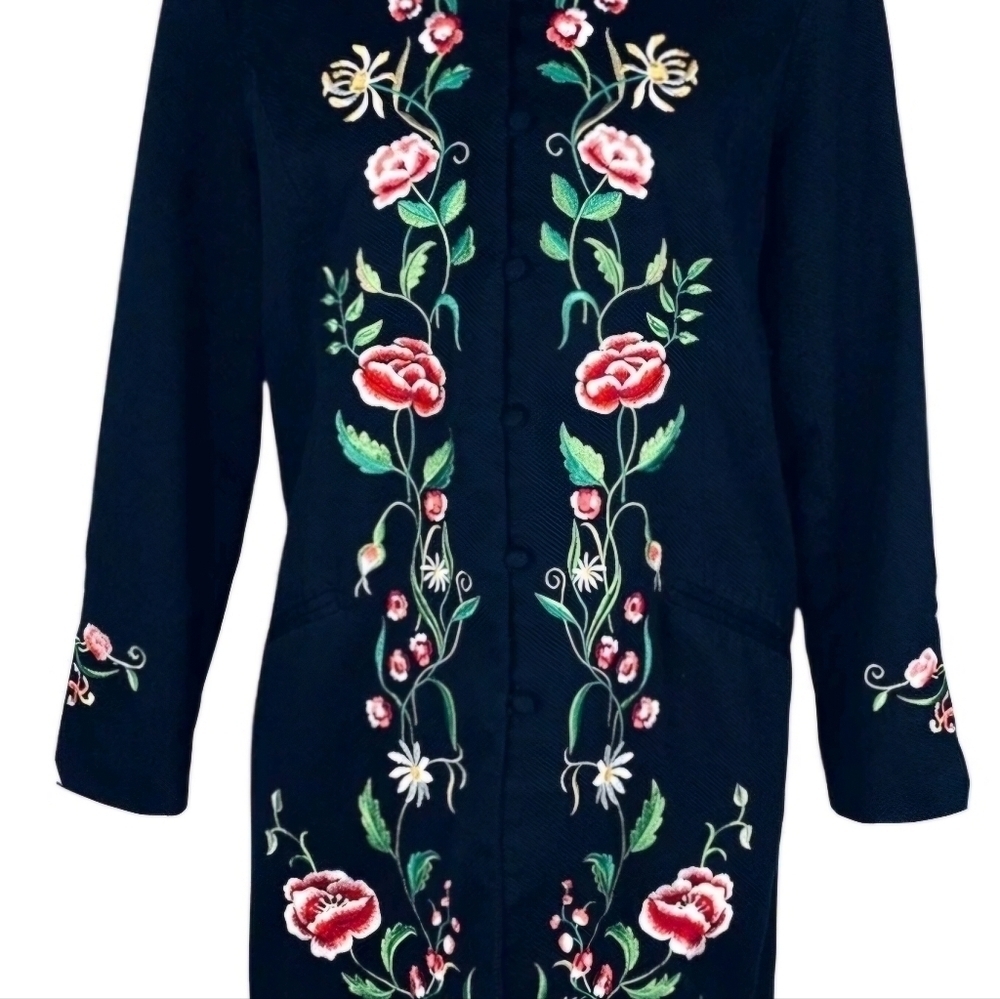 Vintage Victor Costa Black Multicolor  Embroidered Long Jacket Large L